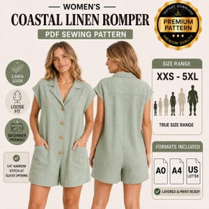 Może przedstawiać: Wykrój krawiecki na szałwiowy kombinezon z kołnierzykiem, zapięciem na guziki z przodu i dwiema kieszeniami. Tekst zawiera Coastal Linen Romper, PDF Sewing Pattern, Size Range XXS-5XL, oraz Formats Included A0, A4, US Letter.