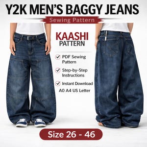 May include: Dark wash Y2K baggy jeans sewing pattern. The image shows a front and back view of the jeans. The pattern includes PDF sewing instructions, step-by-step instructions, and instant download. Sizes available are 26-46.