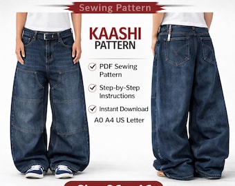 Y2K Baggy Jeans Sewing Pattern, Men's Wide Leg Denim Pants (PDF Download)