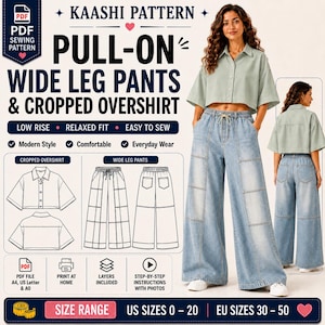 May include: A digital sewing pattern for a cropped overshirt and pull-on wide leg pants. The pattern includes technical line drawings, instructions for US sizes 0-20, and features a light green button-down shirt paired with light blue denim pants.