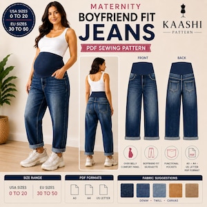 May include: A PDF sewing pattern for maternity boyfriend fit jeans by Kaashi Pattern. The design features a dark blue over-belly comfort panel, a boyfriend fit silhouette, and functional pockets. Includes size range for USA 0 to 20 and EU 30 to 50.