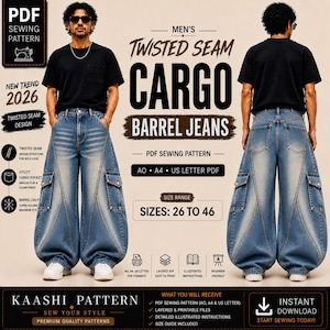 May include: A PDF sewing pattern for cargo barrel jeans with a twisted seam design. The pattern includes sizes 26 to 46, featuring a wide-leg silhouette with utility cargo pockets, available in A0, A4, and US Letter formats with illustrated instructions.