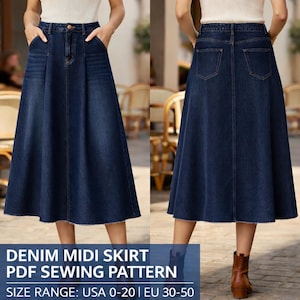 以下が含まれることがあります： 濃い色のデニムミディスカート。フレアシルエットで、フロントポケットとボタン留めが特徴です。画像には「DENIM MIDI SKIRT PDF SEWING PATTERN」と「SIZE RANGE: USA 0-20 | EU 30-50」と書かれています。