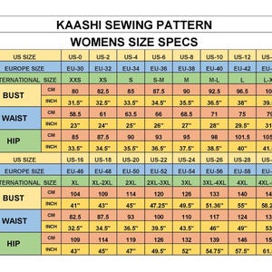 May include: A Kaashi Sewing Pattern size chart featuring a grid with US, Europe, and international sizes. The table displays bust, waist, and hip measurements in both centimeters and inches for sizes ranging from US-0 to US-30, organized by rows.