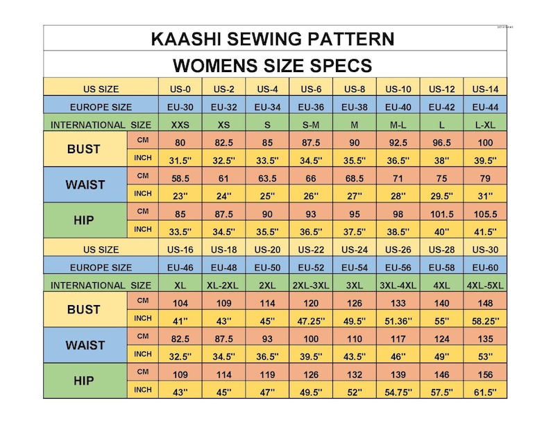 May include: A Kaashi Sewing Pattern size chart featuring a grid with US, Europe, and international sizes. The table displays bust, waist, and hip measurements in both centimeters and inches for sizes ranging from US-0 to US-30, organized by rows.