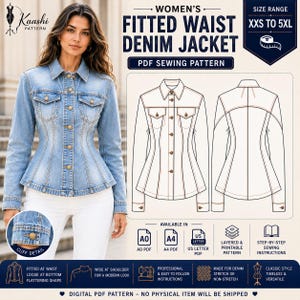 May include: A fitted waist denim jacket PDF sewing pattern featuring a light blue wash, button-down front, two chest pockets, and long sleeves. The graphic includes technical line drawings of the front and back, size range XXS to 5XL, and icons for A0, A4, and US Letter PDF formats.