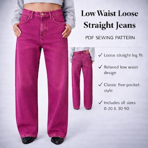 Może przedstawiać: Magenta luźne dżinsy z prostymi nogawkami i niskim stanem. Dżinsy mają klasyczny styl z pięcioma kieszeniami i luźny krój. Obraz zawiera tekst "Low Waist Loose Straight Jeans PDF Sewing Pattern".