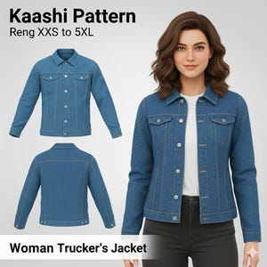 Pode incluir: Jaqueta jeans azul com botões e bolsos no peito. A jaqueta é exibida em uma modelo e também mostrada na frente e atrás. Os textos "Kaashi Pattern" e "Woman Trucker's Jacket" são visíveis.