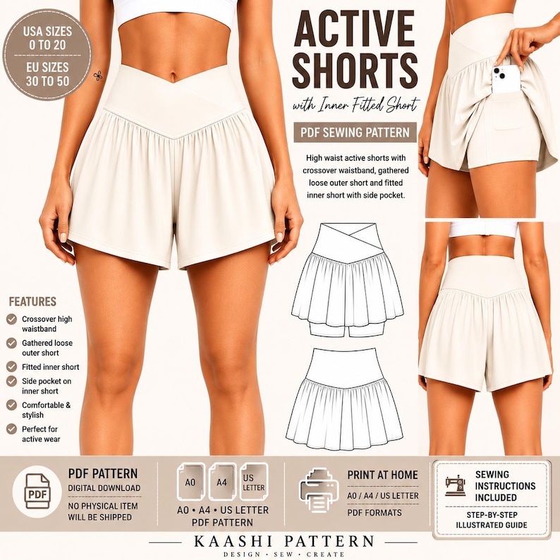 May include: A PDF sewing pattern for high-waist active shorts featuring a crossover waistband, gathered loose outer shorts, and fitted inner shorts with a side pocket. Includes technical line drawings, size range 0 to 20, and printing instructions.