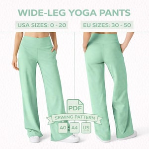 May include: Mint green wide-leg yoga pants. The image shows the front and back of the pants. Text at the top reads "WIDE-LEG YOGA PANTS". Text below reads "USA SIZES: 0-20" and "EU SIZES: 30-50". A PDF sewing pattern is also shown.