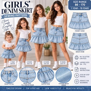 May include: A sewing pattern for a girls' denim skirt featuring a light blue vintage wash, a ruffled hem, and a classic five-pocket design. The pattern includes instructions for sizes 86 to 170, covering ages 1 to 15 years, with detailed front and back views.