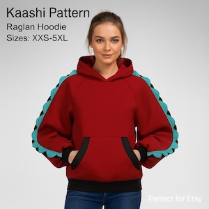 Könnte beinhalten: Ein roter Raglan-Hoodie mit Kapuze und Vordertasche. Die Ärmel haben ein türkisfarbenes und schwarzes Muscheldesign. Der Text "Kaashi Pattern Raglan Hoodie Größen: XXS-5XL" ist oben sichtbar.