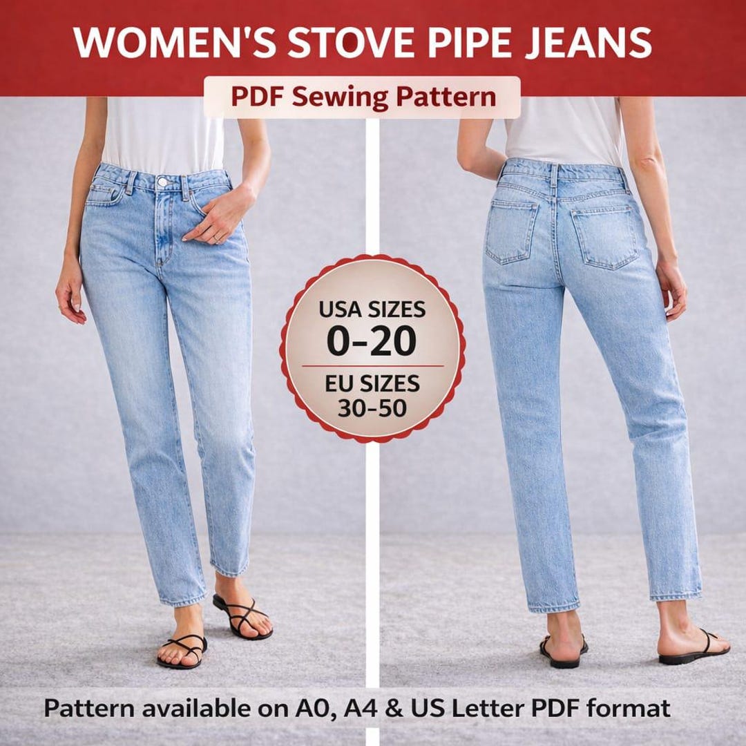 Womens Stove Pipe Jeans PDF Sewing Pattern High Waist Straight Leg ...