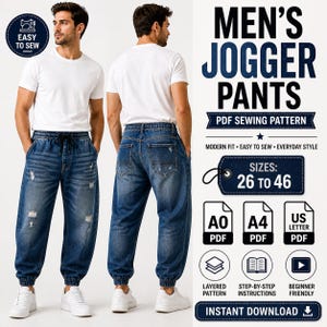 Puede incluir: Patrón de costura PDF de pantalones deportivos de mezclilla azul. La imagen muestra a un hombre usando los pantalones. El patrón incluye tallas 26 a 46, ajuste moderno, fácil de coser y estilo diario. Descarga instantánea.