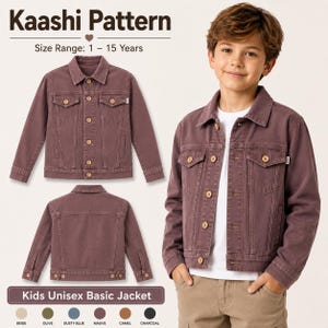 May include: Mauve-colored kids' unisex basic jacket with button closures and chest pockets. The image shows the jacket from multiple angles, including a front view, a back view, and a child wearing the jacket. The text on the image says "Kaashi Pattern" and "Kids Unisex Basic Jacket".