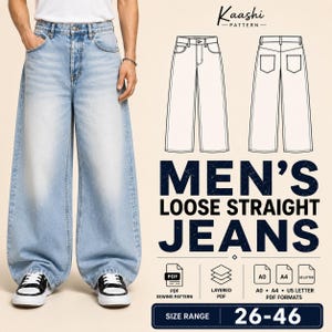 Könnte beinhalten: Hellblaue, weit geschnittene Jeans mit geradem Bein und hoher Taille. Das Bild enthält eine technische Strichzeichnung der Vorder- und Rückseite der Jeans, den Text Kaashi Pattern, Men's Loose Straight Jeans und den Größenbereich 26-46 mit PDF-Symbolen.
