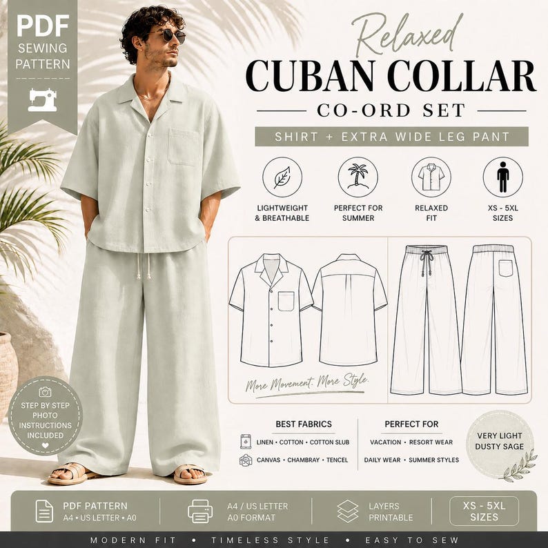 May include: A light green Cuban collar co-ord set, including a shirt and extra wide leg pants. The image features a person wearing the outfit. The text on the image says "Relaxed Cuban Collar Co-ord Set". The pattern is available in XS-5XL sizes.