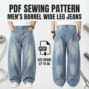 Op de afbeelding: Een lichtblauwe denim PDF naaipatroon voor een barrel wide-leg jeans. De afbeelding toont de voor- en achterkant van de jeans. De maatvoering is 27 tot 46.