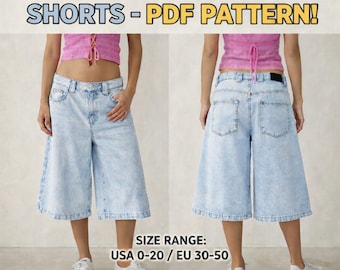 Y2K Baggy Shorts Sewing Pattern | Wide Leg Low Rise PDF (Sizes 0-20)