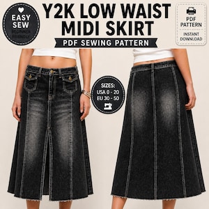 May include: A black denim midi skirt with a low waist, featuring a front slit and pockets. The image includes text that reads "Y2K Low Waist Midi Skirt PDF Sewing Pattern" and "Easy Sew Beginner Friendly". Sizes USA 0-20 and EU 30-50 are listed.