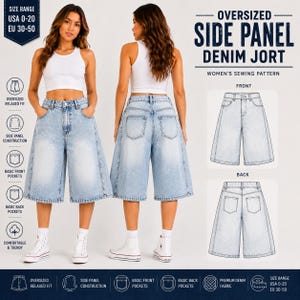 Op de afbeelding: Een naaipatroon voor een oversized denim short met zijpanelen. Het ontwerp toont licht gewassen denim met zijpaneelconstructie, voor- en achterzakken en een relaxte pasvorm. Het patroon bevat de maten USA 0-20 en EU 30-50.