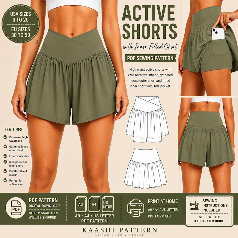 Active Shorts PDF Sewing Pattern | Crossover Waist, Inner Pocket Short (Digital Download) image 1
