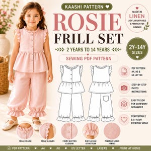 Puede incluir: Una niña lleva un conjunto de volantes de lino rosa, que incluye una blusa y un pantalón. El conjunto presenta un cuello, mangas y dobladillo con volantes. La imagen incluye el texto "Rosie Frill Set" y "2 Years to 14 Years".