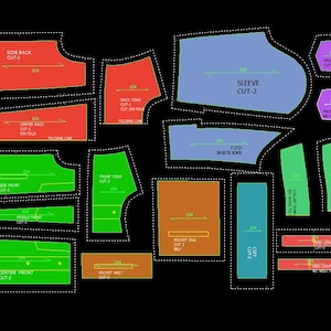 May include: A digital sewing pattern laid out on a black background. The pattern pieces are various shapes and sizes, in colors like red, green, blue, and orange. Text labels indicate the different pattern pieces, such as "Sleeve" and "Collar".