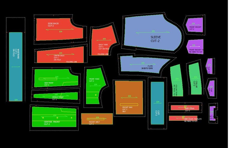 May include: A digital sewing pattern laid out on a black background. The pattern pieces are various shapes and sizes, in colors like red, green, blue, and orange. Text labels indicate the different pattern pieces, such as "Sleeve" and "Collar".