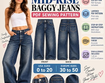 Women’s Mid-Rise Baggy Jeans Sewing Pattern (PDF Pattern)