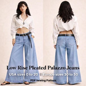 Può includere: Jeans palazzo plissettati a vita bassa blu chiaro, con un design a gamba larga, mostrati davanti e dietro. Il testo sull'immagine recita "Low Rise Pleated Palazzo Jeans" e "USA sizes 0 to 20 | Europe sizes 30 to 50".