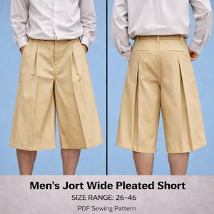 Puede incluir: Pantalones cortos plisados ​​de pierna ancha color beige, mostrados de frente y de espalda. Los pantalones cortos tienen cintura alta y llegan a la rodilla. La imagen incluye el texto "Men's Jort Wide Pleated Short" y "SIZE RANGE: 26-46".
