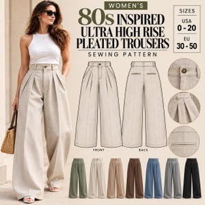 Puede incluir: Un patrón de costura para pantalones de tiro ultra alto con pliegues inspirados en los años 80. La imagen muestra dibujos técnicos de la parte delantera y trasera, primeros planos detallados del botón, pliegues y bolsillos, y opciones de color.