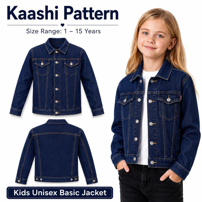 May include: A dark blue denim jacket with button closures, two chest pockets, and a collar. The image includes a front and back view of the jacket, and a child wearing the jacket. Text on the image reads "Kaashi Pattern" and "Kids Unisex Basic Jacket."