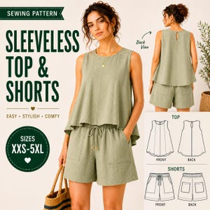 May include: A sewing pattern for a sleeveless top and shorts set in sage green. The top features a round neckline and vertical seams, while the shorts have an elastic drawstring waist and patch pockets. Includes technical line drawings of the garments.