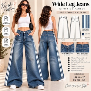 Op de afbeelding: Een PDF-naaipatroon voor een jeans met wijde pijpen en zijpanelen. Het ontwerp heeft een V-vormige tailleband aan de voorzijde, een iets lagere achterkant en een klassieke 5-pocketstijl met drie witte strepen langs de zijnaden.