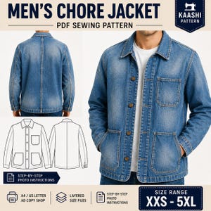 May include: A blue denim chore jacket PDF sewing pattern by Kaashi Pattern. The design features a collared front with buttons, one chest pocket, two lower pockets, and long sleeves. Includes step-by-step photo instructions and size range XXS-5XL.