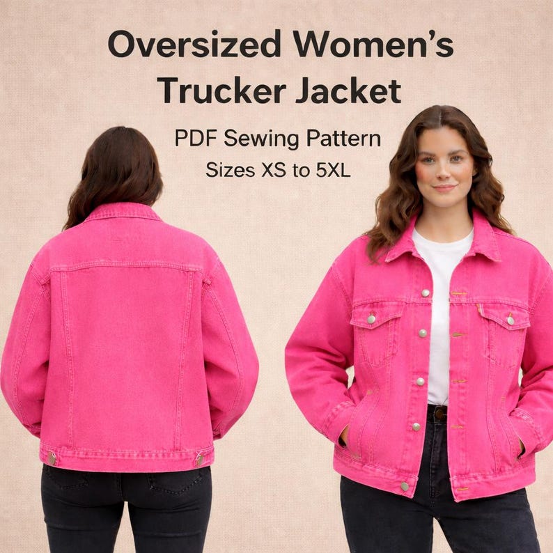 Puede incluir: Chaqueta de camionero rosa brillante de gran tama&ntilde;o. La chaqueta tiene un dise&ntilde;o cl&aacute;sico con bolsillos delanteros y cierres de botones. La imagen tambi&eacute;n incluye el texto "Oversized Women's Trucker Jacket PDF Sewing Pattern Sizes XS to 5XL".