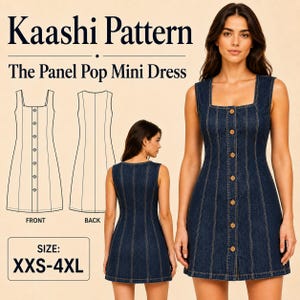 May include: A dark blue denim mini dress featuring a square neckline, sleeveless design, and a front button-down closure with light-colored stitching. The image includes text reading Kaashi Pattern, The Panel Pop Mini Dress, and SIZE: XXS-4XL.