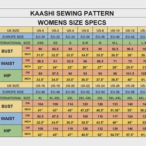 Puede incluir: Una tabla de tallas para ropa de mujer, con medidas en cent&iacute;metros y pulgadas. La tabla incluye medidas de busto, cintura y cadera, as&iacute; como conversiones de tallas de EE. UU., europeas e internacionales. El texto "KAASHI SEWING PATTERN" est&aacute; en la parte superior.