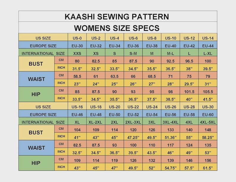 Puede incluir: Una tabla de tallas para ropa de mujer, con medidas en cent&iacute;metros y pulgadas. La tabla incluye medidas de busto, cintura y cadera, as&iacute; como conversiones de tallas de EE. UU., europeas e internacionales. El texto "KAASHI SEWING PATTERN" est&aacute; en la parte superior.