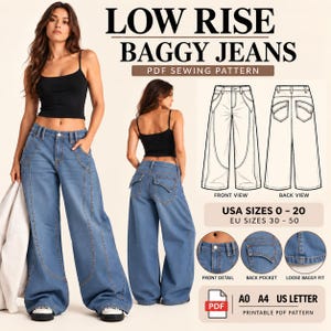 Op de afbeelding: PDF-naaipatroon voor low-rise baggy jeans met een zwarte tanktop en blauwe spijkerbroek, voor- en achteraanzicht, technische tekeningen, Amerikaanse maten 0-20, EU-maten 30-50, details van de achterzak en losse pasvorm voor A0, A4 en US letter.
