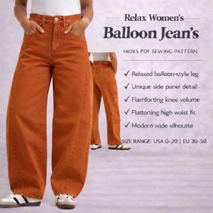 May include: Rust-colored balloon jeans with a high waist and relaxed fit. The image shows the jeans on a person, highlighting the unique side panel detail and modern wide silhouette. The text on the image says "Relax Women's Balloon Jean's".