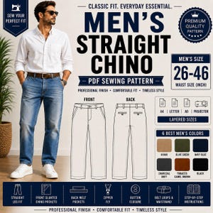 Puede incluir: Un patrón de costura en PDF para pantalones chino rectos, con un dibujo técnico de las vistas frontal y trasera, rango de tallas de 26 a 46 pulgadas e iconos para formatos A4, Letter, A0 y proyector. Incluye muestras de color y detalles.