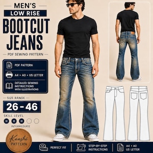 May include: A PDF sewing pattern for low rise bootcut jeans, featuring a front and back view of the denim garment, technical line drawings, and text indicating size range 26-46, intermediate skill level, and compatibility with A4, A0, and US Letter.