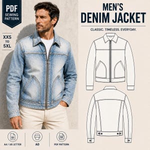 May include: A PDF sewing pattern for a denim jacket, featuring a light blue wash jacket with a front zip, collar, and two pockets. The image includes technical line drawings of the front and back views, with text stating MEN'S DENIM JACKET, CLASSIC. TIMELESS. EVERYDAY., and size range XXS to 5XL.