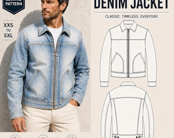 Men's Denim Jacket Sewing Pattern | Zip Front, Patch Pockets (XXS-5XL)