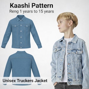 May include: Light blue denim trucker jacket with button closures and chest pockets. The image includes a front and back view of the jacket, along with a person wearing the jacket. Text on the image reads "Kaashi Pattern" and "Unisex Truckers Jacket".