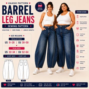 Op de afbeelding: Een digitaal naaipatroon voor barrel leg jeans genaamd Kaashi Pattern. Het ontwerp heeft een hoge taille, zijpanelen en een enkel-lengte snit. Inclusief 5-pocket stijl, ritssluiting met knoop en riemlussen. Maten variëren van EU 30-64.