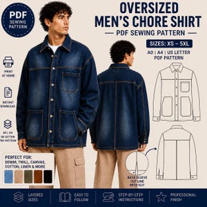 May include: An oversized chore shirt PDF sewing pattern featuring a dark blue denim design with a front button closure, a chest pocket, and two lower pockets. The pattern includes sizes XS to 5XL, with A0, A4, and US Letter formats available.